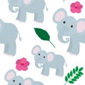 Seamless pattern cute elephant tropical leaves and flowers vector illustration Royalty Free Stock Photo